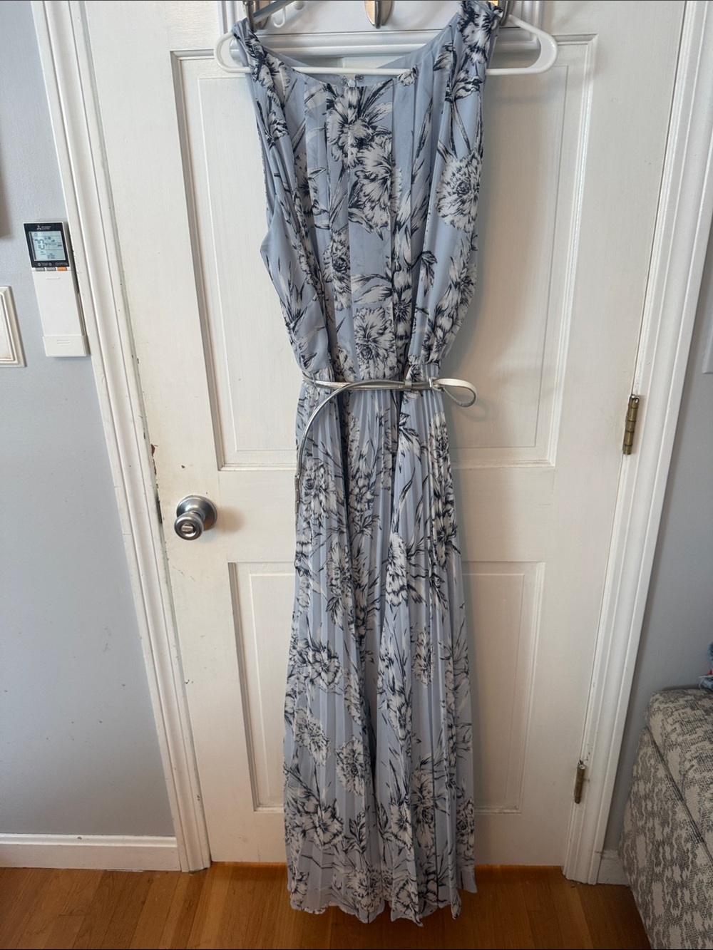 Eliza J Blue and Black Floral Pleated Maxi Dress with Belt